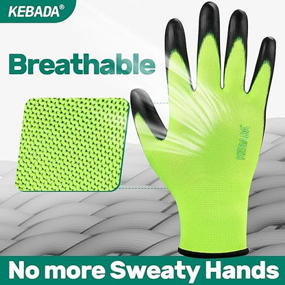Kebada W1 Work Gloves for Men and Women, PU Coated Safety Gloves with Grip, Touchscreen, Ideal for Warehouse Package Handling, Construction, Gardening, Green Medium