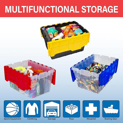 Akro-Mils KeepBox 12 Gallon Storage Container, Nesting and Stackable Plastic Storage Box with Lid Attached, Clear Tote for Garages, Closets, and Moving, 21-1/2" x 15" x 12-1/2", Black/Yellow