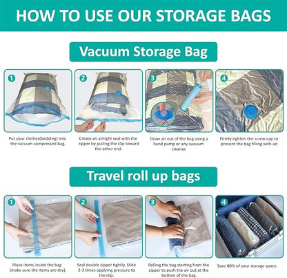 16 Pack Vacuum Storage Bags, Space Saver Bags (2Jumbo/2Large/3Medium/3Small/6Roll) Compression Storage Bags for Comforters and Blankets, Vacuum Sealer Bags for Clothes Storage, Hand Pump Included