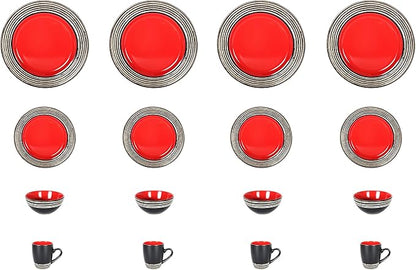 16 Piece Dinnerware Set, Ceramic Plates and Bowls Sets for 4, Microwave and Dishwasher Safe, Handcrafted Tree Bark Series Dish Set, Strawberry/Red