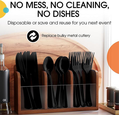 Party Solids Black Plastic Silverware Heavy Duty 300 Pieces Black Plastic Cutlery Sets, Utensil Sets, 100 Of Each Forks, Knives & Spoons Disposable Cutlery Set, Flatware Set For Party Supplies
