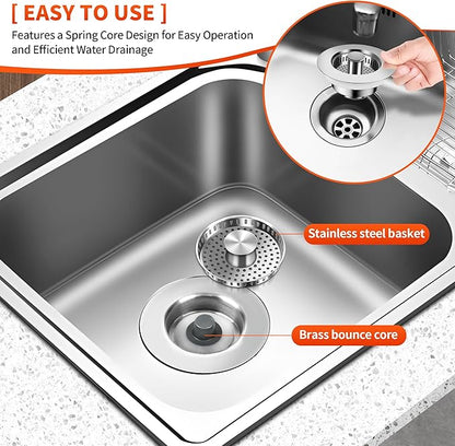 3-in-1 Kitchen Sink Drain Strainer with Bounce Core - Universal Stainless Steel Drain Stopper，Easy to Install & Clean, Upgraded Design