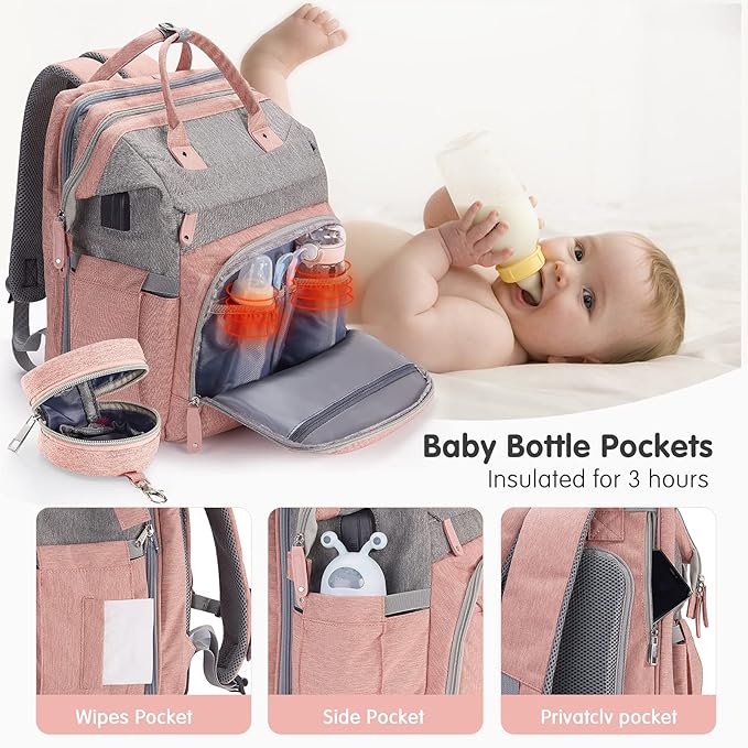 DERJUNSTAR Baby Diaper Bag Backpack with ChangingStation-Large Capacity Baby Bag for Boys & Girls, USBCharging Port, Pacifier Case, sunshade & Toy Bar,Waterproof, Baby Pink