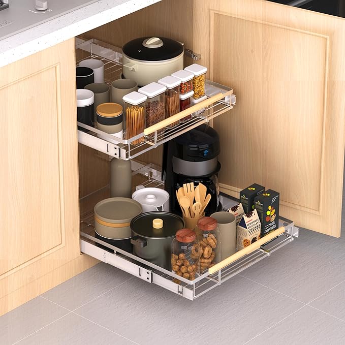 Expandable Pull Out Drawer Cabinet Organizer, Adjustable Width Bottom-Mounted Slide Out Storage Shelves for Cabinets, Required Cabinet Size (14.86"~25.86", D≥22.5"), 1 Pack
