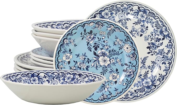 TUDOR ROYAL 12-Piece Porcelain Round Dinnerware Set, Service for 4, MING FLOWER Design, Blue Floral, Plates Bowls Dishes, Premium Quality Tableware, Unique Pattern, Glossy