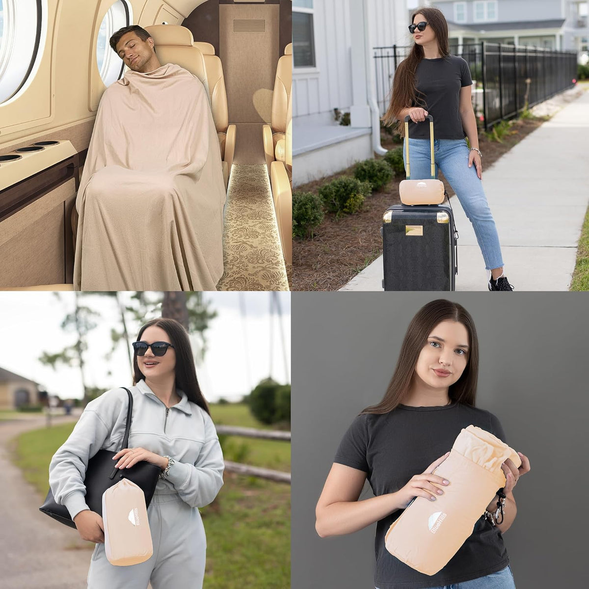 BlueHills Ultra Compact Travel Blanket Pillow for Airplane Traveling Essential Long Flight Trip Throw in Bag Portable Case Large Plane Accessories Beige - C007