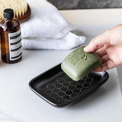 Gomakren Soap Dish for Shower, Bar Soap Holder, Ceramic Soap Dishes for Bar Soap, Christmas Sponge Holder Soap Saver Soap Tray for Bathroom Kitchen Sink, 5.5 Inch, Black