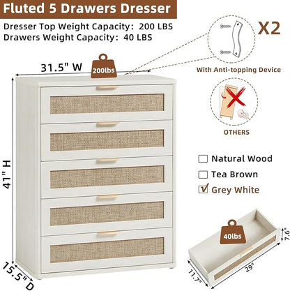 LEYAOYAO White Dresser for Bedroom, 41" Tall Chest of Drawers, Modern 5 Drawers Boho Rattan Dressers with Storage, Dresser Wooden Closet Organizer for Living Room, Hallway