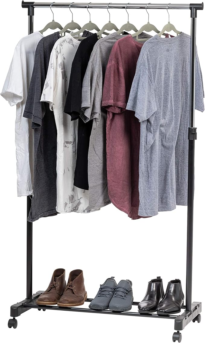IRIS USA Clothes Rack, Portable Single-Rod Height Adjustable with Lockable Wheels, Rolling Garment Rack, Single Rod Wardrobe Rack, Easy Assemble, for Clothes, Belts, Shoes, and Bags