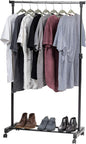 IRIS USA Clothes Rack, Portable Single-Rod Height Adjustable with Lockable Wheels, Rolling Garment Rack, Single Rod Wardrobe Rack, Easy Assemble, for Clothes, Belts, Shoes, and Bags
