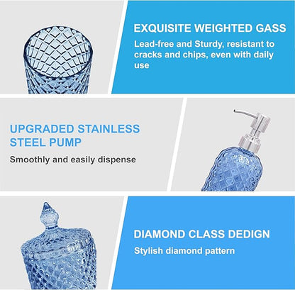 Blue Bathroom Accessories Set, 4Pcs Clear Glass Bathroom Accessory Set, Lotion Soap Dispenser, Toothbrush Holder Set, Soap Dish, Qtip Holder for Vintage Crystal Bath Decor, Light Blue