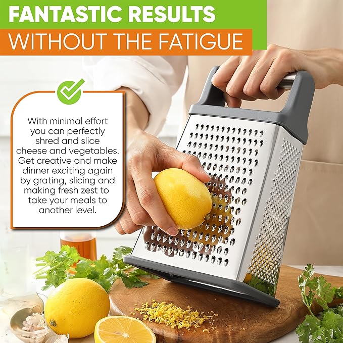Spring Chef Professional Cheese Grater - Stainless Steel Box Grater for Kitchen, XL Size, 4 Sides - Perfect Shredder for Parmesan Cheese, Carrot, Potato, Ginger - Dishwasher Safe - Gray