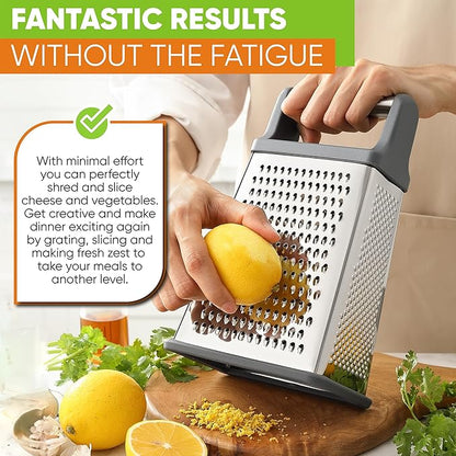 Spring Chef Professional Cheese Grater - Stainless Steel Box Grater for Kitchen, XL Size, 4 Sides - Perfect Shredder for Parmesan Cheese, Carrot, Potato, Ginger - Dishwasher Safe - Gray
