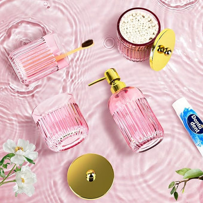 Bathroom Accessories Set,4 Pcs Pink Glass Bathroom Accessories Set with Toothbrush Holder,Lotion Soap Dispenser,2 Qtip Holder Dispensers - Countertop Organizer for Modern Bathroom Decor - Pink
