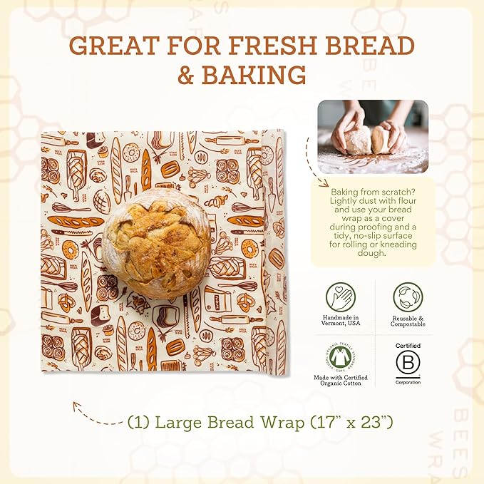 Bee's Wrap Beeswax Wraps for Food - Bread Wrap - Made in USA Reusable Bread Storage Bags - Organic & Eco-Friendly Alternative to Aluminum Foil, Sourdough Bags & Plastic Wrap, Bakery Lane