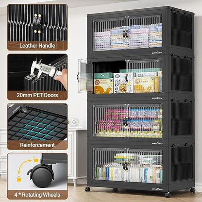 BROVIEW 800Qt Extra Large Stackable Storage Bins with Lid, Closet Organizer Collapsible Drawer Boxes with Wheels, Folding Plastic Cabinet Containers for Home Kitchen Room Organization, 4Pack Black