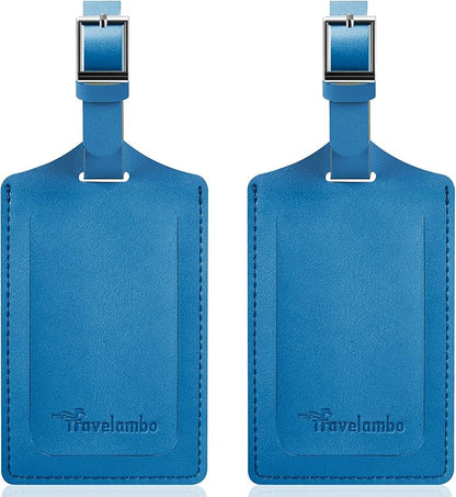 Travelambo Luggage Tags for Suitcases Faux Leather Privacy Protection 2 Pack Bag Tags Travel Accessories Essential, Steel Blue