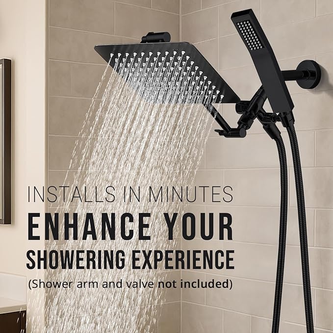 G-Promise All Metal 8 Inch Dual Square Shower Head with Handheld Spray Combo, Rain Shower Head, Adjustable Extension Arm, 3-Way Diverter, 71 Inch Extra Long Hose - A Bathroom Upgrade (Matte Black)