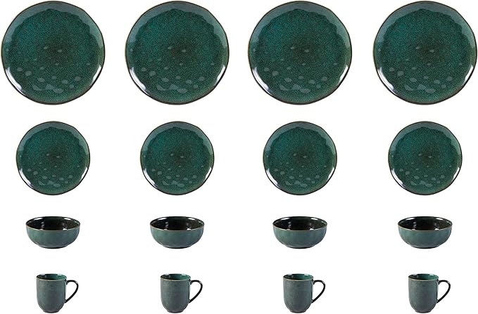 16-Piece Dinnerware Set Service for 4, Plates and Bowls Set, Microwave and Dishwasher Safe,Scratch Resistant, Green