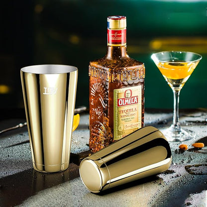IOV Boston Cocktail Shaker Set, 18oz & 28oz Stainless Steel Weighted Shaker Tins, Metal Martini Drink Mixer for Bartending, Professional Bar Tools with Cocktail Recipe Guide, Gold