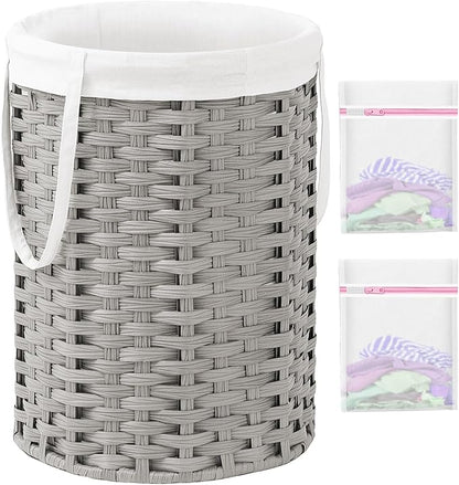Laundry Hamper Laundry Basket Round 19.0 Gal (72 L) Handwoven Rattan Laundry Basket, Large Wicker Laundry Hamper with Removable Laundry Bag Handles 2 Mesh Bags for Bathroom Living Room Gray