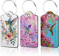 Hummingbird Flowers 3 Pack Luggage Tags for Suitcases, Cute Leather Name Tag with Privacy Cover with Stainless Steel Loops, Travel ID Bag Tags for Women Men