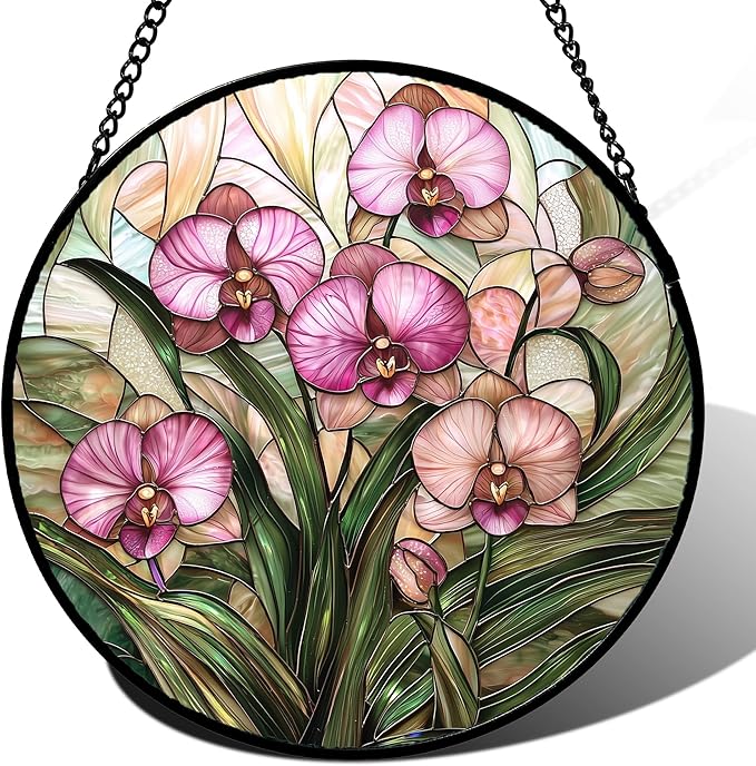Stained Glass Window Hanging - Pink Phalaenopsis Orchid Green Leaves Sun Catcher for Door Home Decor Flower Suncatcher Christmas Mother's Day Birthday Gifts for Women Men Mom Nana 7.8 in
