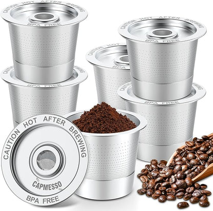 CAPMESSO Reusable K Cups Coffee Pods for Keurig 1.0: Stainless Steel Refillable K Cup - Reusable Coffee Filter for Keurig 1.0 Coffee Maker, Permanent, Eco-Friendly, Innovative Design (6 Pack)