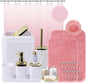 24Pcs White Bathroom Set with Shower Curtain and Rug and Accessories, White Bathroom Accessories with Trash Can,Soap Dispenser,Soap Dish,Toilet Brush,Toothbrush Holder and Cup,Q-Tip Holders