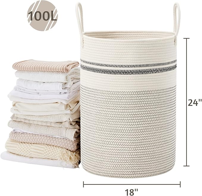 VIPOSCO Large Laundry Hamper, Tall Woven Rope Storage Basket for Blanket, Toys, Dirty Clothes in Living Room, Bathroom, Bedroom - 100L Stripe White