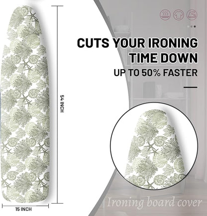 Extra Thick Ironing Board Cover and Pad, Coastal Summer Beach Coral Starfish 15x54 Ironing Board Cover, Resist Scorching and Staining,Elastic Edges,Seaside Conch Nautical Green White
