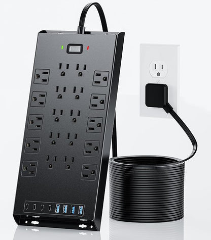 Surge Protector Power Strip 4800J, LeZone 10Ft Long Extension Cord Flat Plug, 20 Outlets 4 USB-A 4 USB-C Ports, Wall Mountable, Home Office Dorm Essentials, Black