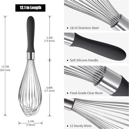 18/8 Stainless Steel Balloon Whisk, Doosu Kitchen Whisk for Cooking Handheld Egg Beater with Rust-Proof Sturdy Wires & Non-Slip Silicone Handle for Beating, Stirring, Blending (12 Wires, Black)