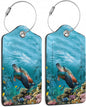 Set of 2 Luggage Tags for Suitcases, Leather Turtle Fish and Coral Baggage Tags with Stainless Steel Loop, Privacy Name ID Card Cover Kawaii Travel Labels for Women Men Kids Girls