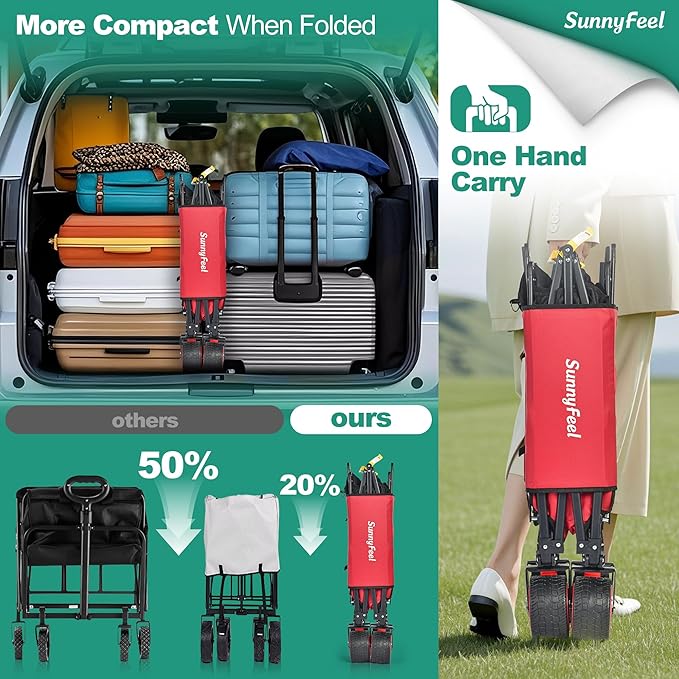 SUNNYFEEL Heavy Duty Collapsible Outdoor Utility Wagon Cart 500LB Capacity Adjustable Handlebar,Foldable Beach Wheels Stable Durable Oxford Fabric for Shopping Garden Camping (Red, Double Deck)