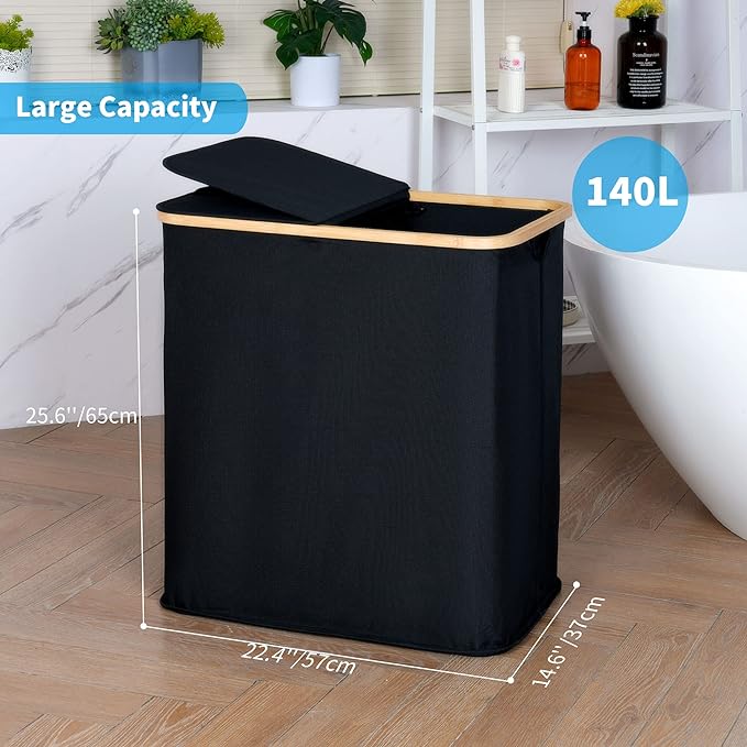efluky Laundry Hamper with Lid, Double Laundry Hamper with 2 Removable Bags, 2 Section Laundry Basket with Bamboo Handles for Bathroom, Bedroom & Laundry Room, 140L (36.9 Gallon) Black