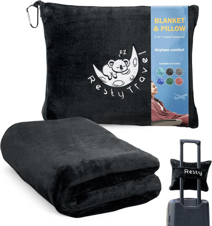 Resty 65"x40" Traveling Airplane Blanket, Onyx Black – Lightweight, Velvety Soft Blanket That Becomes a Travel Pillow – Must-Have Comfort for Planes & Road Trips – Travel Essentials for Women & Men