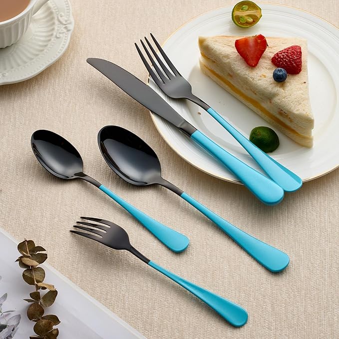 20-Piece Black and Lake Blue Silverware Set 18/0 Stainless Steel Silverware Set Lake Blue Handle Cutlery Set Service for 4 Dinner Knives Forks Spoons Set Flatware Set Finish Dishwasher Safe