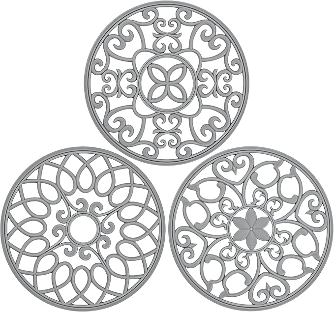 SMARTAKE 3 Set Silicone Trivet Mats, Multi-Use Carved Trivet Mat, Insulated Non-Slip Durable Kitchen Mats, Flexible Modern Kitchen Table Mat, for Hot Dishes, Pots, Dining Countertop, Grey, STM413H