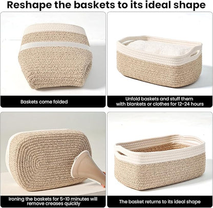 Small Baskets for Organizing, Decorative Storage Baskets for Shelves, Storage Bins, Woven Baskets for Storage, Mini Basket for Nursery, 13"×8.5"×5.1" (3 Packs) Off White & Brown