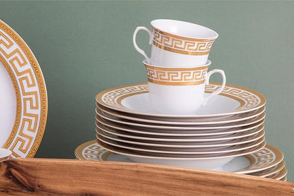 Porcelain Dinnerware Set for 8 - Luxurious 49 Piece Dish Set - White and Gold Greek Key Design - Dinner Plates, Bowls, Cups and Saucers for Everyday Dishes or Formal Occasions (Meander Gold 2049)