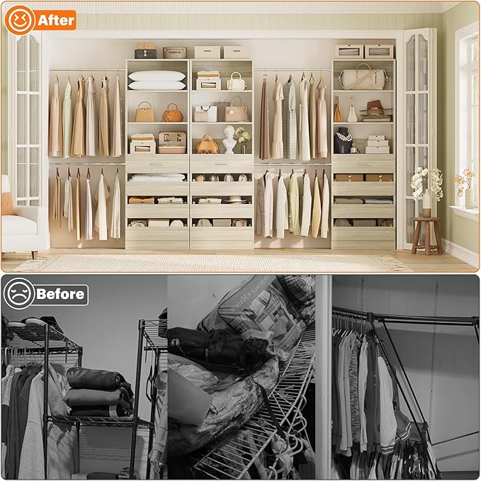 Aheaplus Closet System with 12 Drawers, 8.5-11.5Ft Wood Closet Organizer System with 4 Hanging Rods & 3 Towers, 4Ft & 6Ft L-Shaped Walk-in Closets Wardrobe Organizer Clothes Rack, Set of 3, White Oak