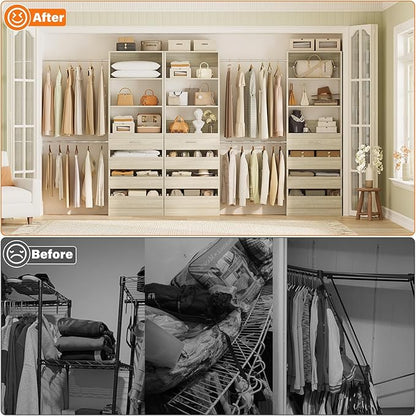 Aheaplus Closet System with 12 Drawers, 8.5-11.5Ft Wood Closet Organizer System with 4 Hanging Rods & 3 Towers, 4Ft & 6Ft L-Shaped Walk-in Closets Wardrobe Organizer Clothes Rack, Set of 3, White Oak