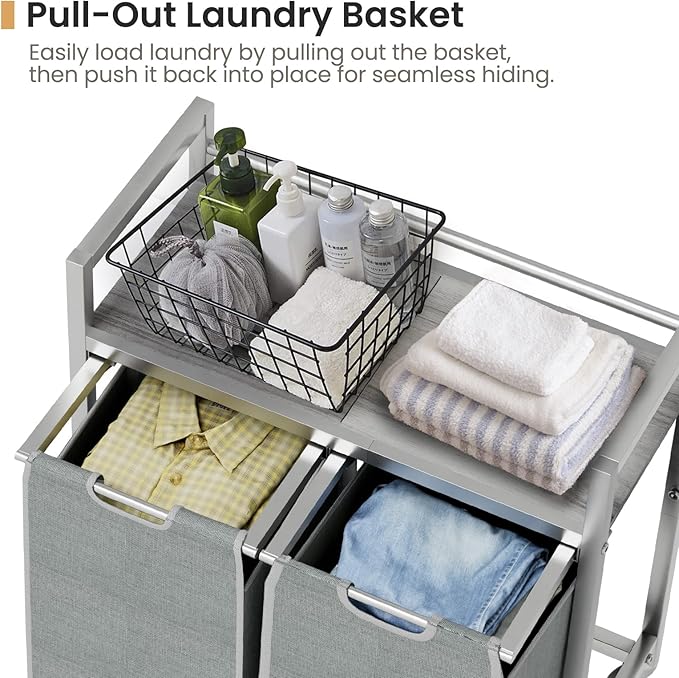 Laundry Hamper, Laundry Basket, Laundry Sorter with 3 Removable Bags, Clothes Basket with 3 Compartments, Wheels, Shelf for Laundry Room Bathroom Bedroom (2 Bags-Gray)