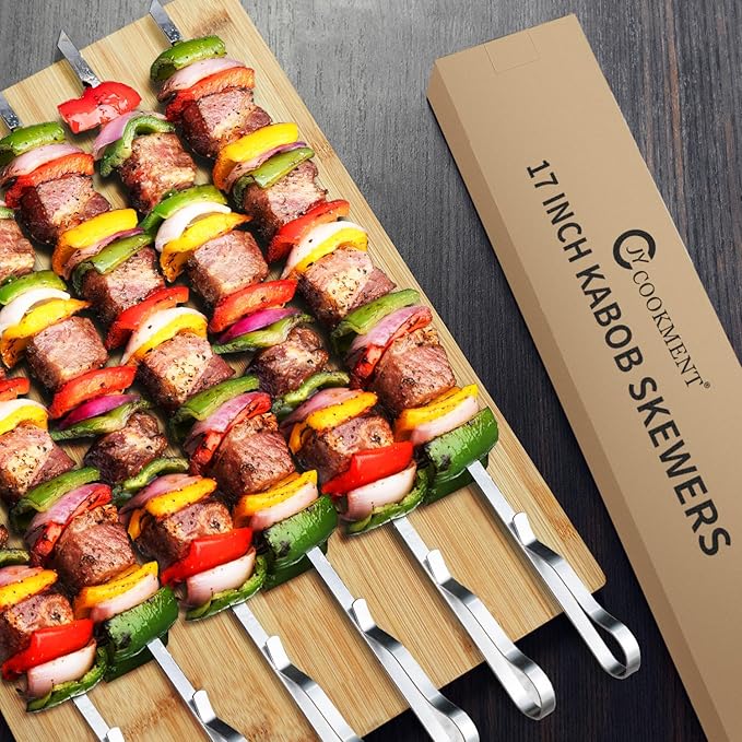 Kabob Skewers 17" Stainless Steel Long BBQ Barbecue Skewers, Flat Metal Kebob Sticks Wide Reusable Grilling Skewers for Meat Chicken,Set of 12 with Storage Bag