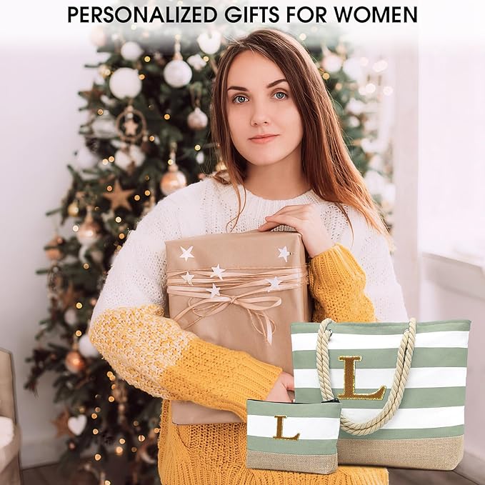Becokan Beach Bag Initial Beach Tote with Makeup Bag for Travel Work Storage Personalized Birthday Gifts for Women Her