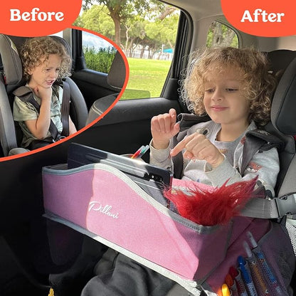 PILLANI Kids Travel Tray for Car - Car Seat Tray for Kids Travel, Road Trip Essentials Must Haves - Carseat Table Roadtrip Activities - Toddler Lap Desk Organizer for Airplane - Pack of 2, Pink