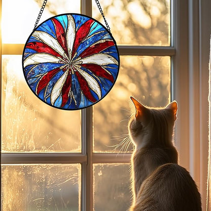 Stained Glass Window Hanging 4 Pcs Set Abstract Flowers in Red White Blue 7.8" - Suncatcher Door Garden Sun Catcher Decor Birthday Mother's Day Xmas Gift for Mom Woman Nana Men Parents