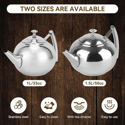 Stainless Steel Tea Pot with Infuser, Tea Pot with Removable Infuser For Loose Leaf and Tea Bags Metal Tea Kettle with Filter Stovetop Tea Maker Brewing Loose Leaves and Tea Bags (1.5L)