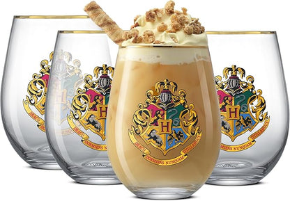 JoyJolt Harry Potter Hogwarts Heritage Stemless Drinking Glasses, 19oz Glass Tumblers, Teardrop Glass Drinking Glasses Set of 4, Hogwarts Cup, Harry Potter Gifts for Adults